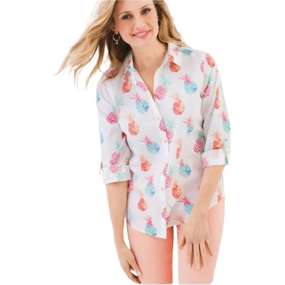 Chico's Tropical Pineapple Print Button Up Shirt Roll Tab‎ Sleeves Summer Top S